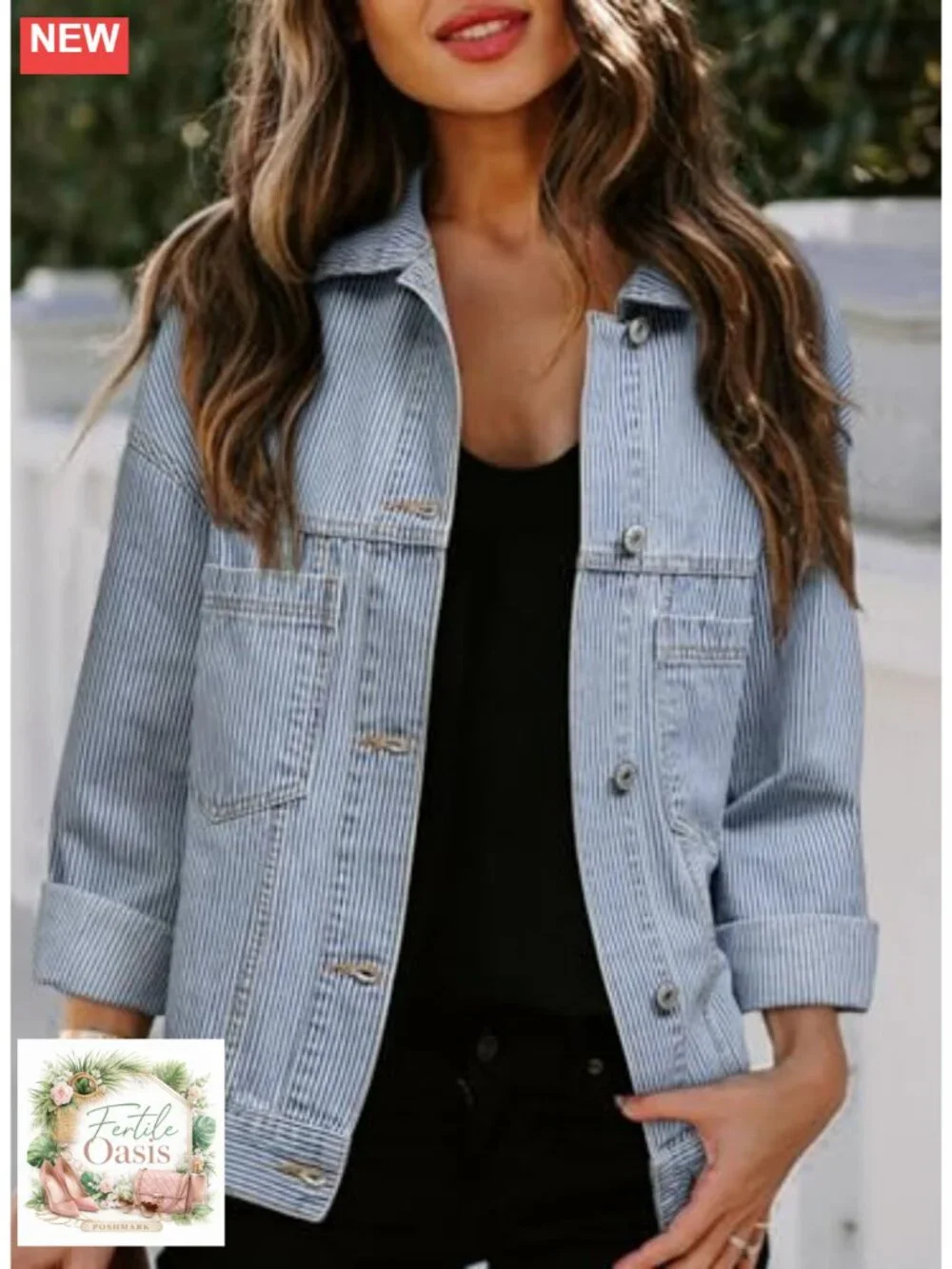 Women's Oversized Denim Jacket Long Sleeve Button Front Patch Pocket Coat